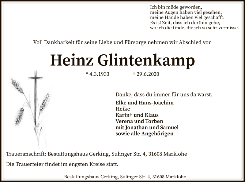  Traueranzeige für Heinz Glintenkamp vom 02.07.2020 aus SYK