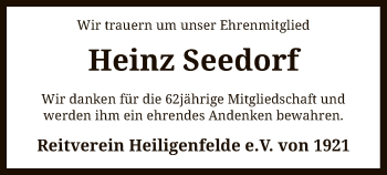 Traueranzeige von Heinz Seedorf von SYK