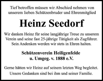 Traueranzeige von Heinz Seedorf von SYK