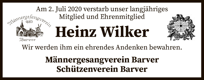  Traueranzeige für Heinz Wilker vom 07.07.2020 aus SYK