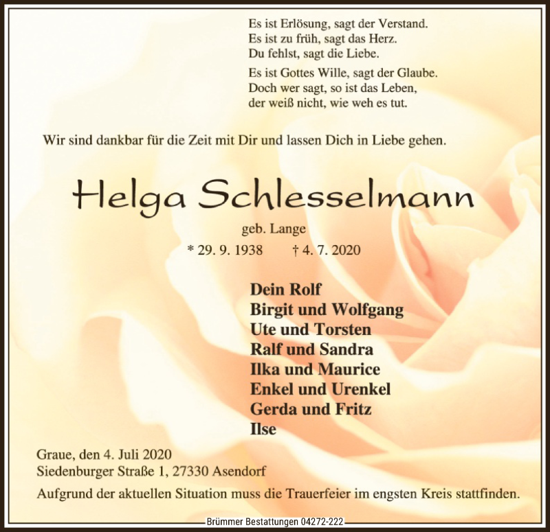  Traueranzeige für Helga Schlesselmann vom 07.07.2020 aus SYK