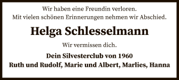 Traueranzeige von Helga Schlesselmann von SYK