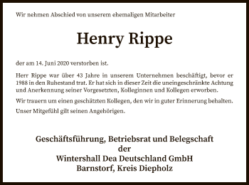 Traueranzeige von Henry Rippe von SYK