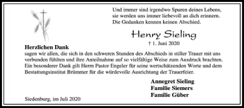 Traueranzeige von Henry Sieling von SYK