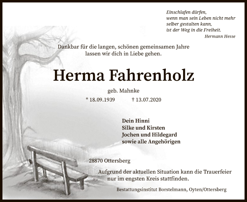  Traueranzeige für Herma Fahrenholz vom 17.07.2020 aus SYK