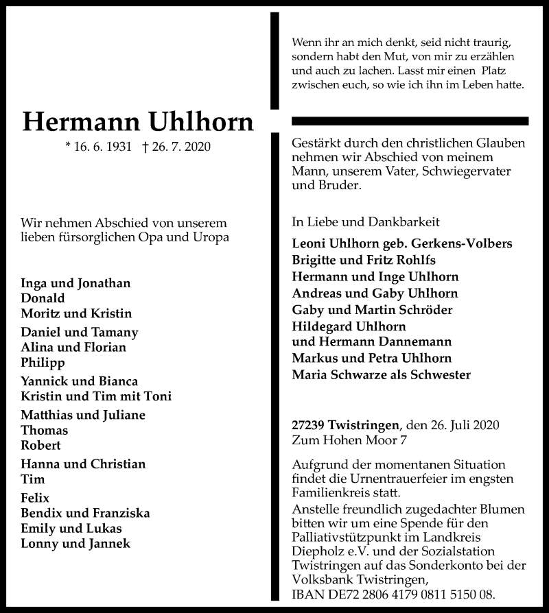  Traueranzeige für Hermann Uhlhorn vom 31.07.2020 aus SYK