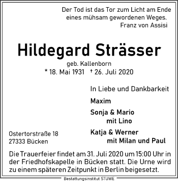 Traueranzeige von Hildegard Strässer von SYK