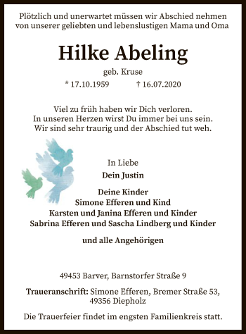 Traueranzeige von Hilke Abeling von SYK