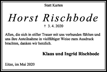 Traueranzeige von Horst Rischbode von SYK