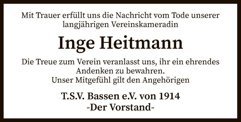  Traueranzeige für Inge Heitmann vom 07.07.2020 aus SYK