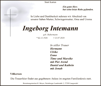 Traueranzeige von Ingeborg Intemann von SYK