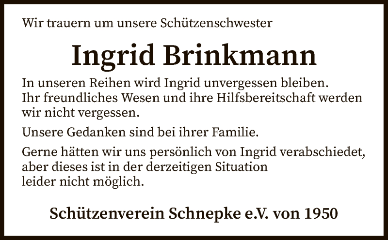  Traueranzeige für Ingrid Brinkmann vom 15.07.2020 aus SYK