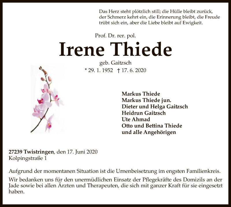  Traueranzeige für Irene Thiede vom 04.07.2020 aus SYK