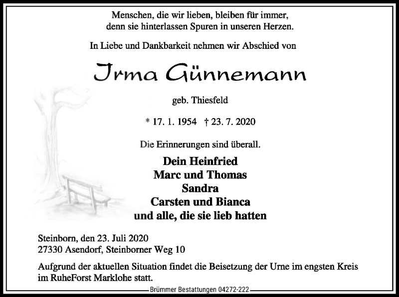  Traueranzeige für Irma Günnemann vom 28.07.2020 aus SYK