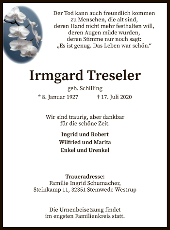 Traueranzeige von Irmgard Treseler von SYK