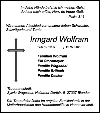 Traueranzeige von Irmgard Wolfram von SYK