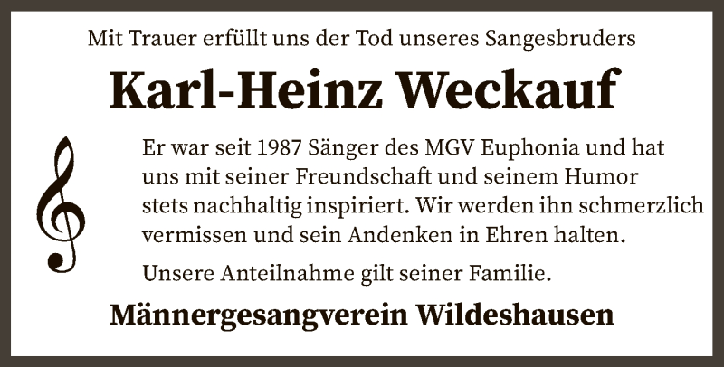  Traueranzeige für Karl-Heinz Weckauf vom 23.07.2020 aus SYK