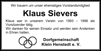 Traueranzeige von Klaus Sievers von SYK