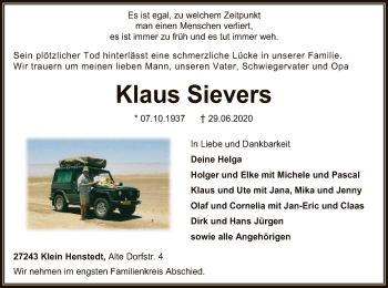 Traueranzeige von Klaus Sievers von SYK