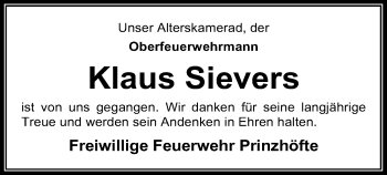 Traueranzeige von Klaus Sievers von SYK