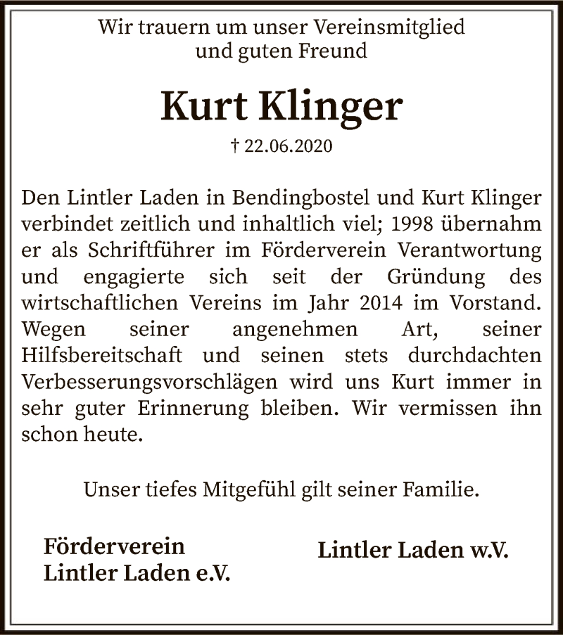  Traueranzeige für Kurt Klinger vom 04.07.2020 aus SYK
