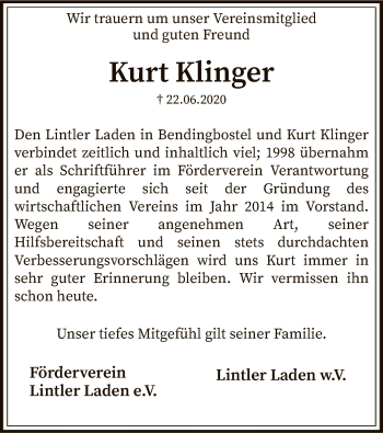 Traueranzeige von Kurt Klinger von SYK