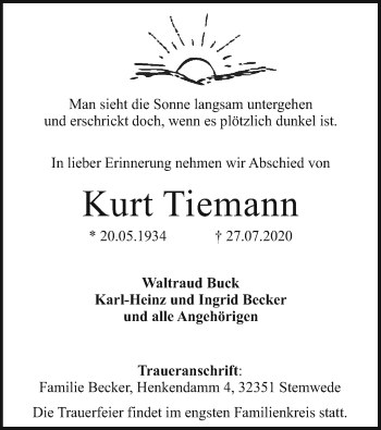 Traueranzeige von Kurt Tiemann von SYK