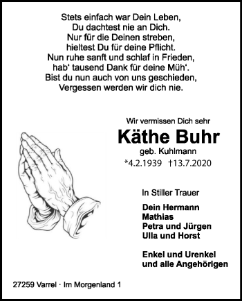 Traueranzeige von Käthe Buhr von SYK