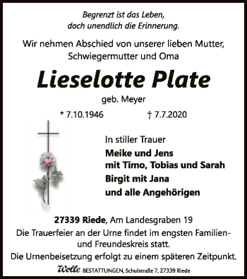 Traueranzeige von Lieselotte Plate von SYK