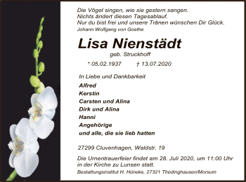 Traueranzeige von Lisa Nienstädt von SYK