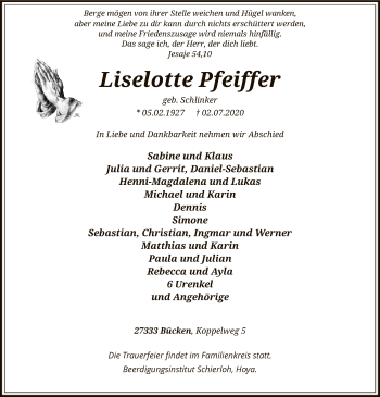 Traueranzeige von Liselotte Pfeiffer von SYK