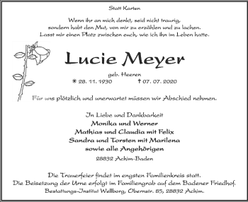 Traueranzeige von Lucie Meyer von SYK