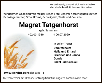 Traueranzeige von Magret Tatgenhorst von SYK