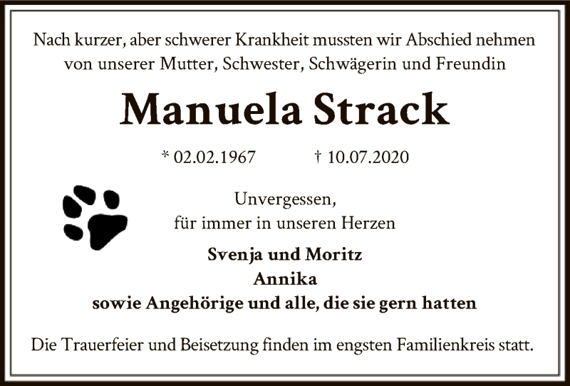  Traueranzeige für Manuela Strack vom 25.07.2020 aus SYK