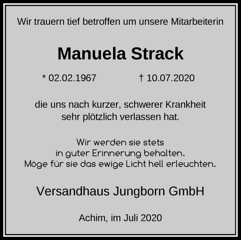  Traueranzeige für Manuela Strack vom 25.07.2020 aus SYK