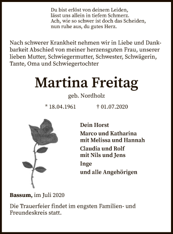 Traueranzeige von Martina Freitag von SYK