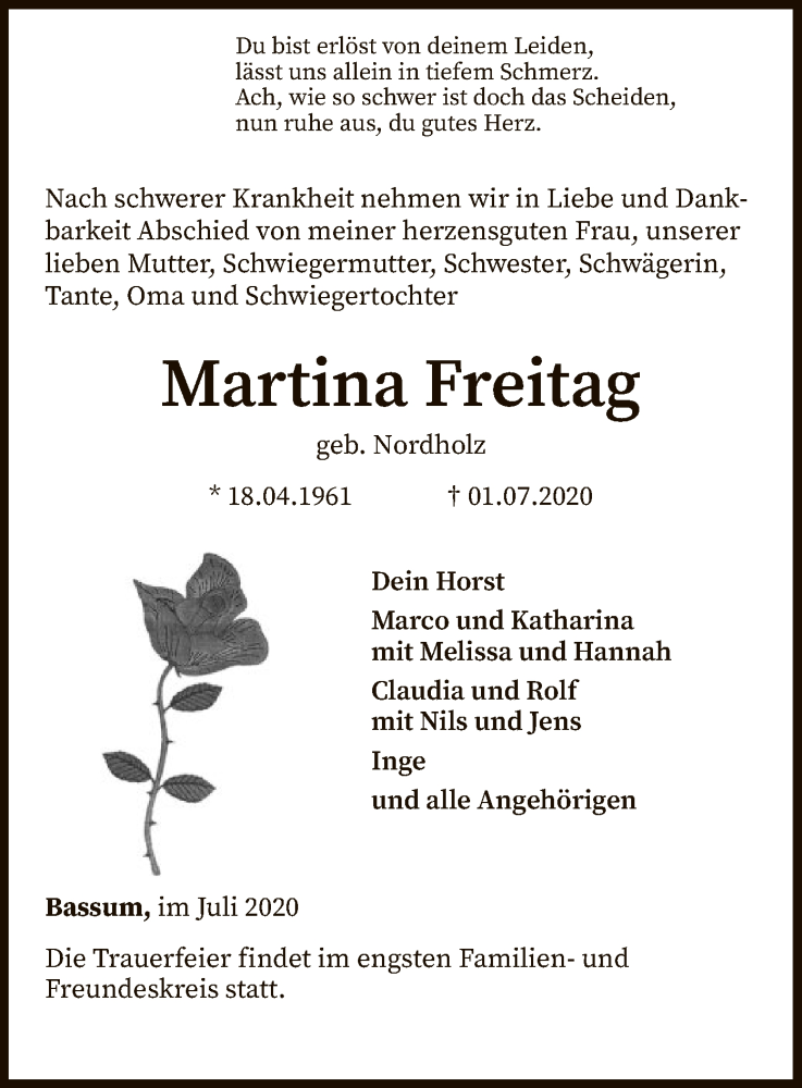  Traueranzeige für Martina Freitag vom 07.07.2020 aus SYK