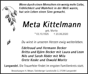 Traueranzeige von Meta Kittelmann von SYK