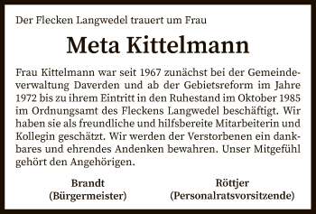 Traueranzeige von Meta Kittelmann von SYK