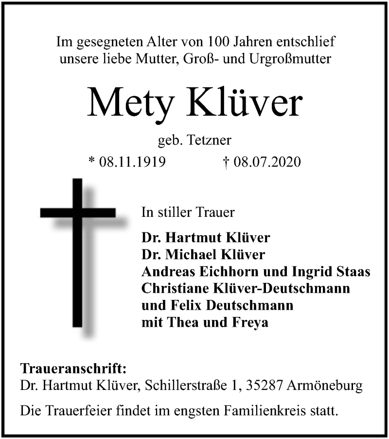  Traueranzeige für Mety Klüver vom 11.07.2020 aus SYK