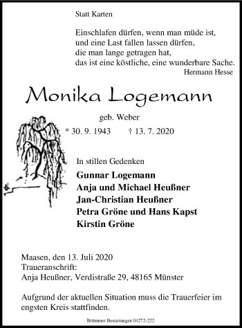 Traueranzeige von Monika Logemann von SYK