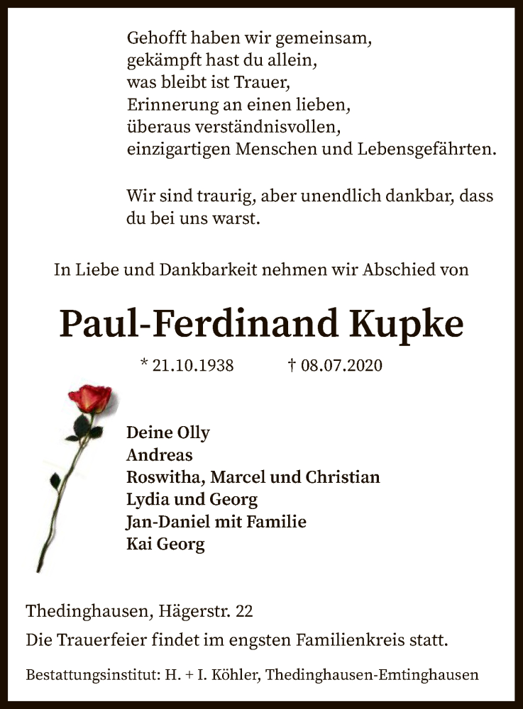  Traueranzeige für Paul-Ferdinand Kupke vom 11.07.2020 aus SYK