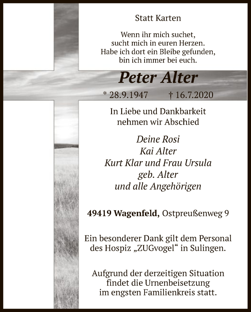  Traueranzeige für Peter Alter vom 21.07.2020 aus SYK