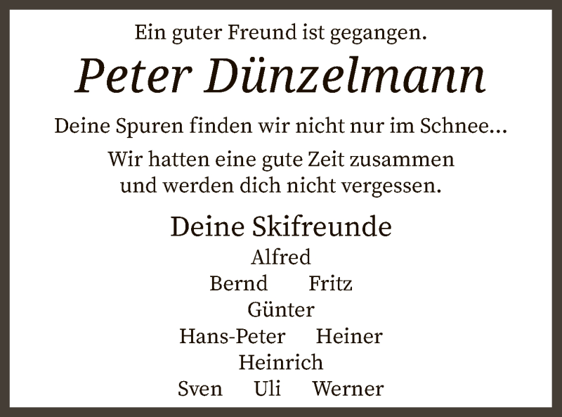  Traueranzeige für Peter Dünzelmann vom 03.07.2020 aus SYK