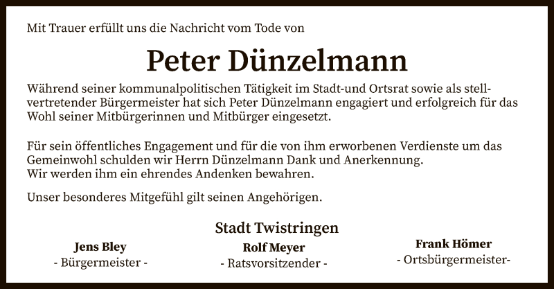  Traueranzeige für Peter Dünzelmann vom 03.07.2020 aus SYK
