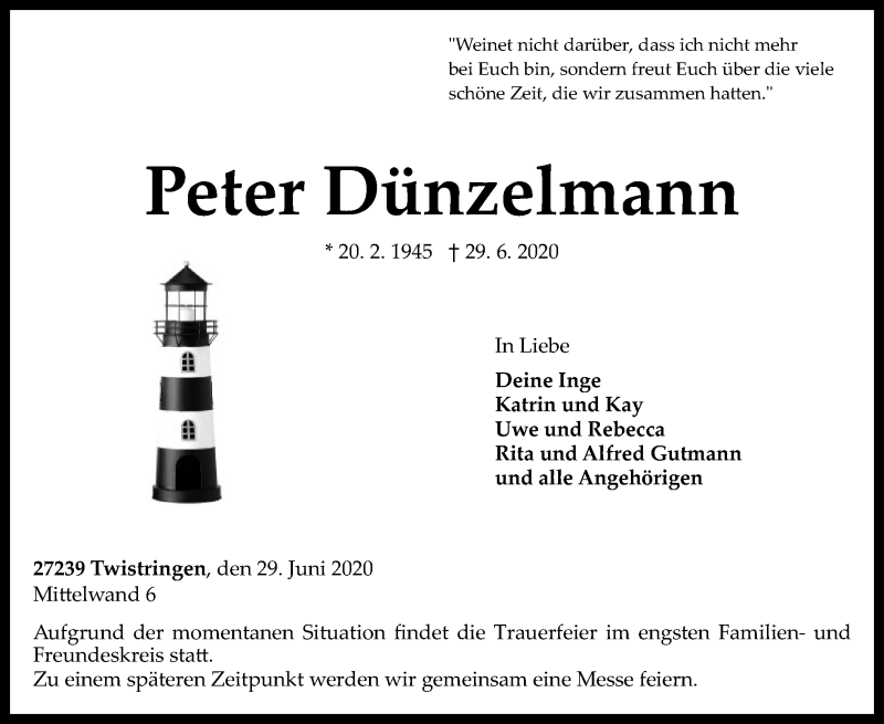  Traueranzeige für Peter Dünzelmann vom 02.07.2020 aus SYK