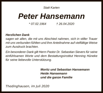 Traueranzeige von Peter Hansemann von SYK