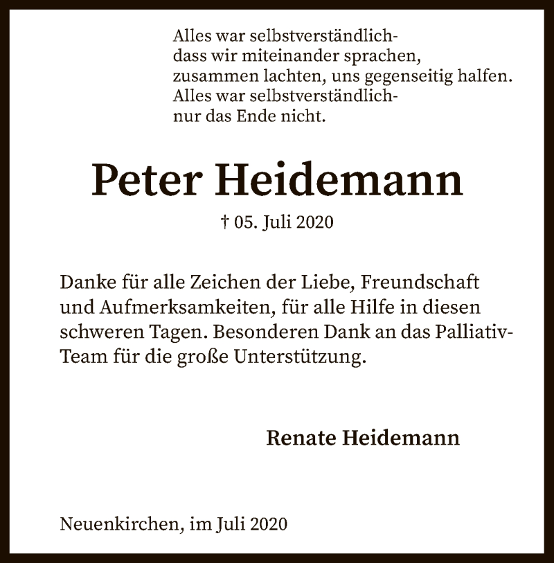  Traueranzeige für Peter Heidemann vom 22.07.2020 aus SYK