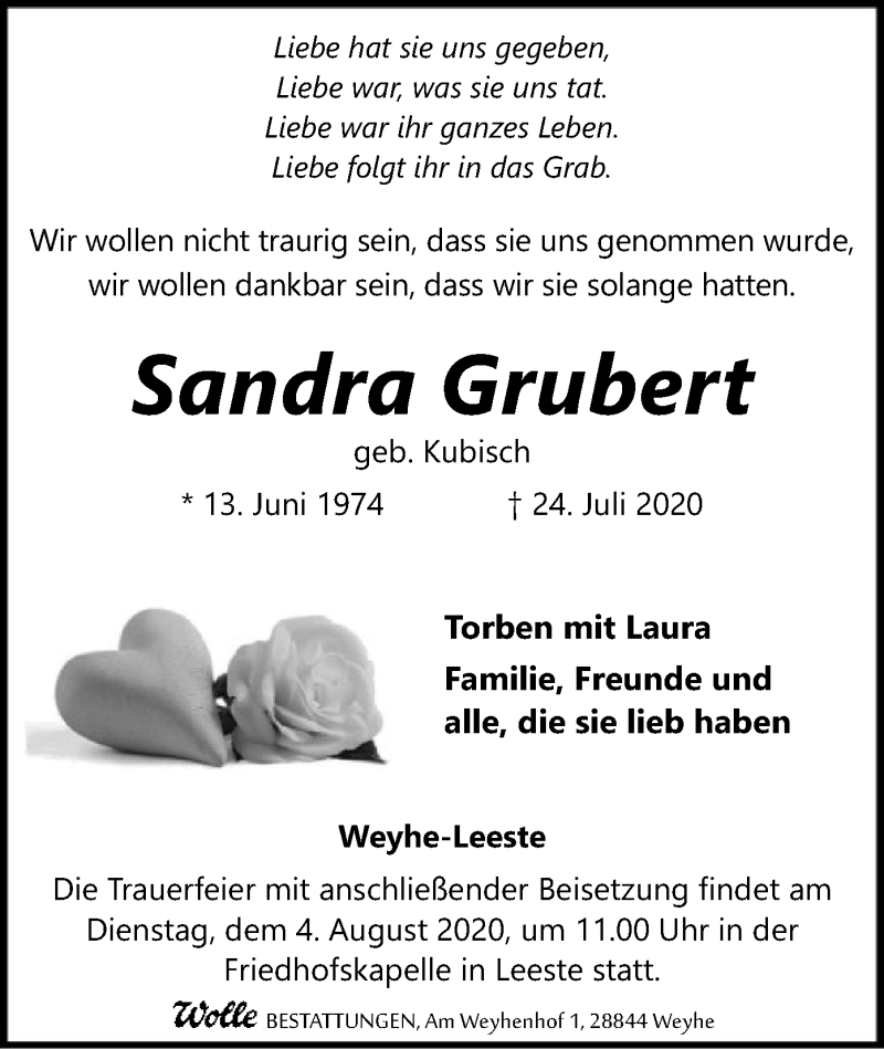  Traueranzeige für Sandra Grubert vom 30.07.2020 aus SYK