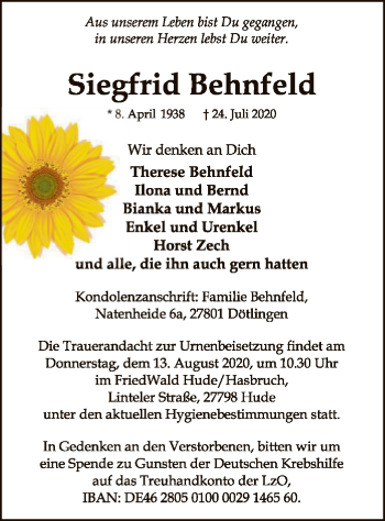 Traueranzeige von Siegfrid Behnfeld von SYK